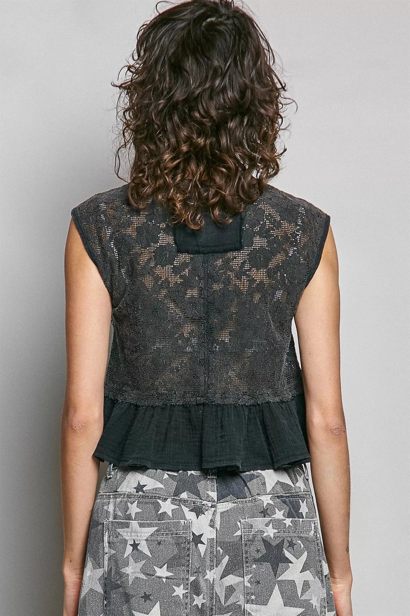 POL Round Neck Lace Sleeveless Top with Double Gauze Ruffle - Rooted & Reckless Co.