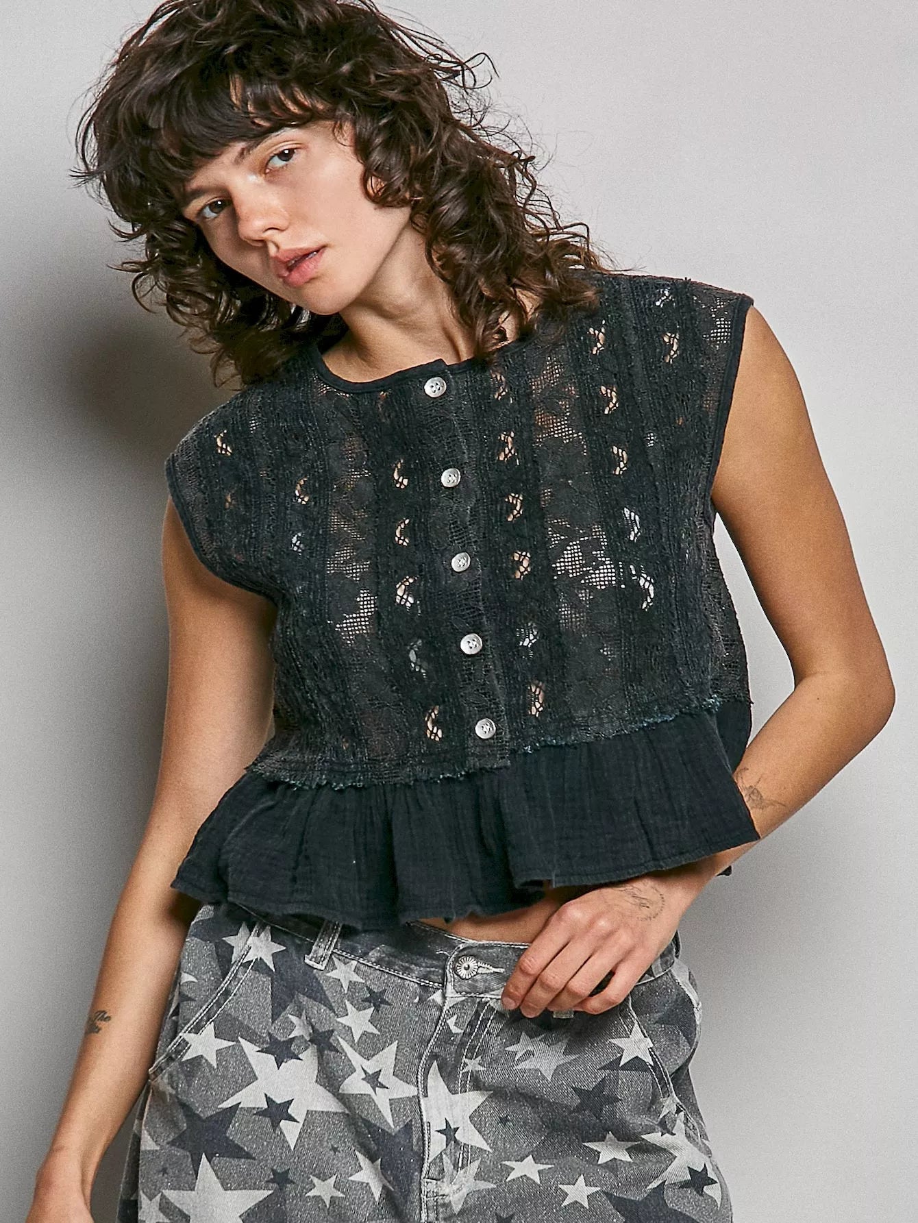POL Round Neck Lace Sleeveless Top with Double Gauze Ruffle - Rooted & Reckless Co.