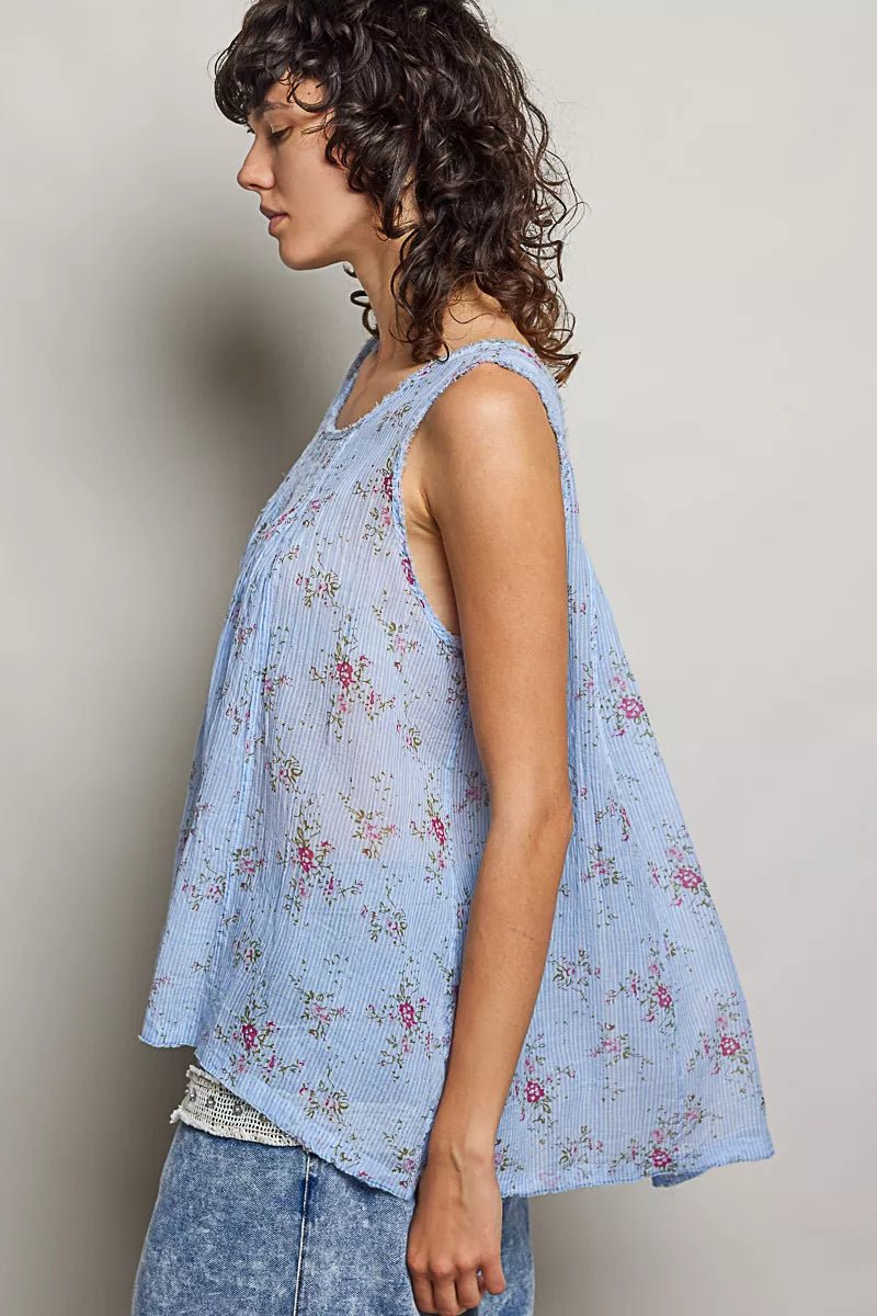 POL Round Neck Sleeveless Floral Pleated Cotton Top - Rooted & Reckless Co.