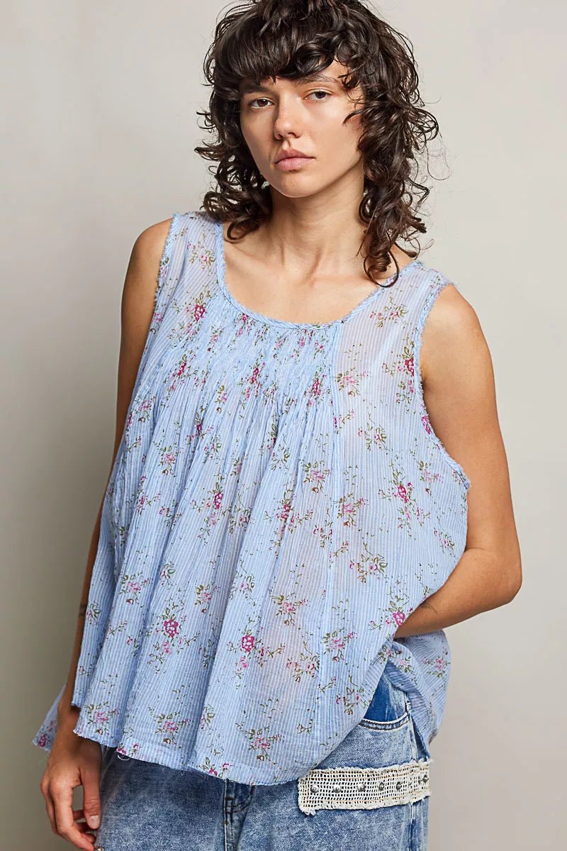 POL Round Neck Sleeveless Floral Pleated Cotton Top - Rooted & Reckless Co.
