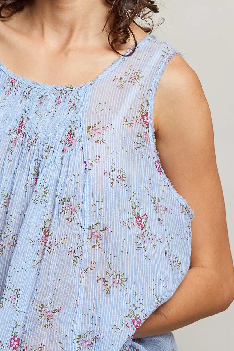 POL Round Neck Sleeveless Floral Pleated Cotton Top - Rooted & Reckless Co.