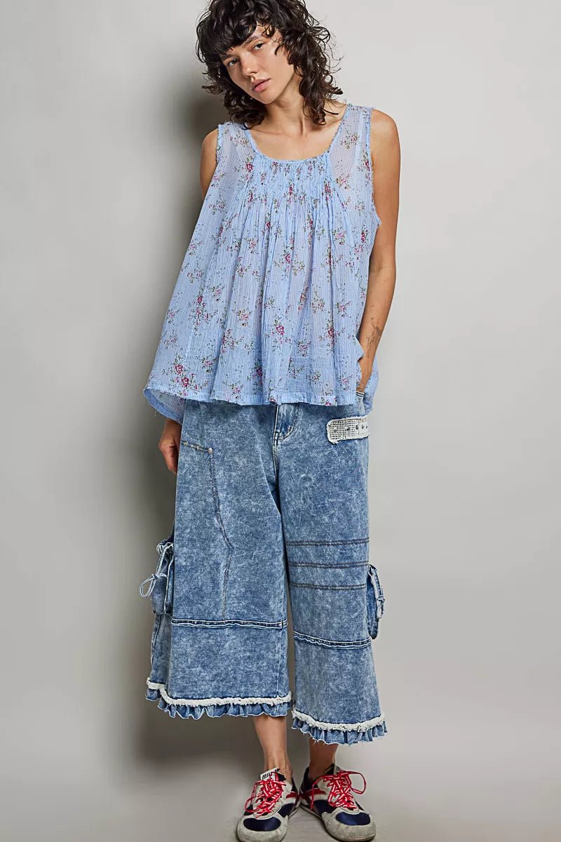 POL Round Neck Sleeveless Floral Pleated Cotton Top - Rooted & Reckless Co.