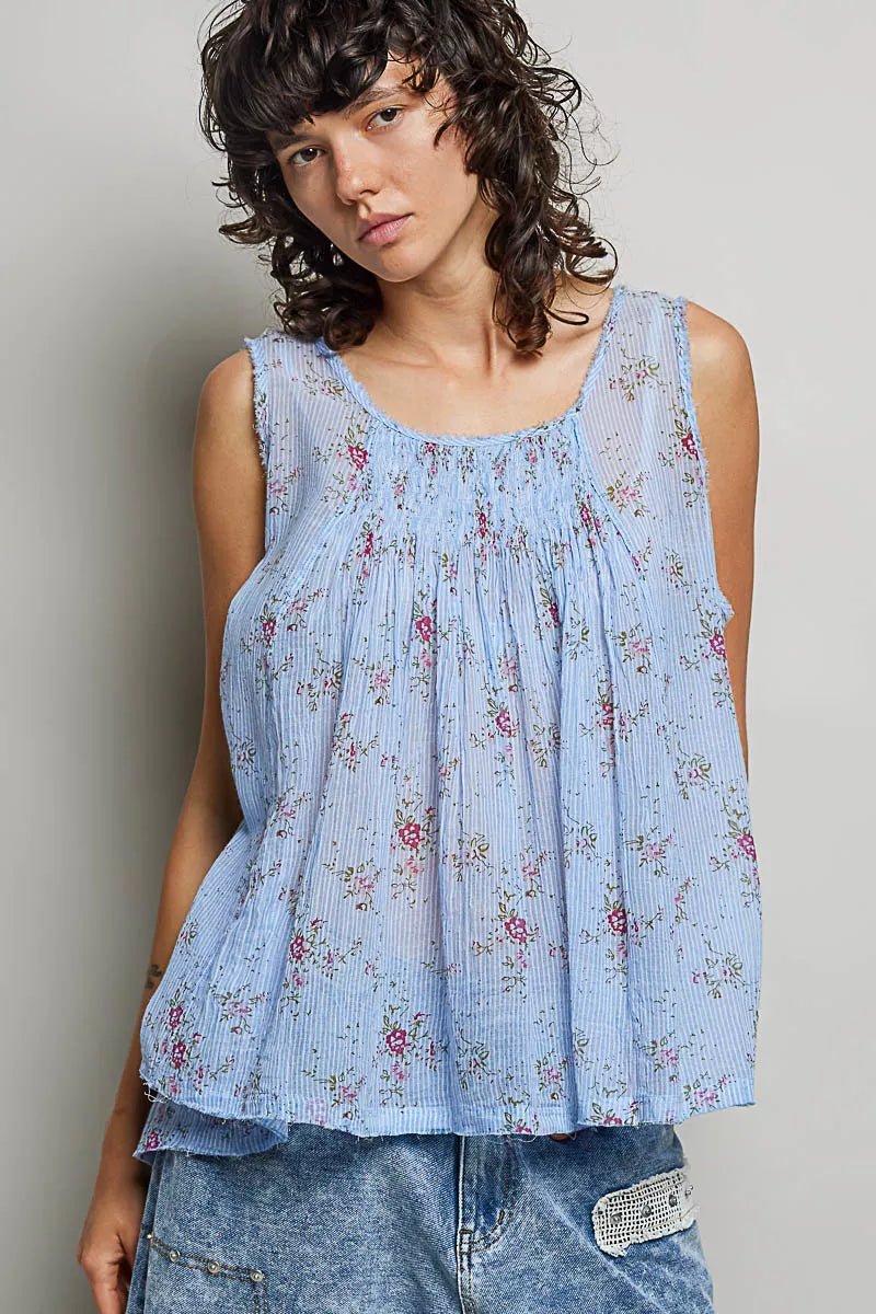 POL Round Neck Sleeveless Floral Pleated Cotton Top - Rooted & Reckless Co.