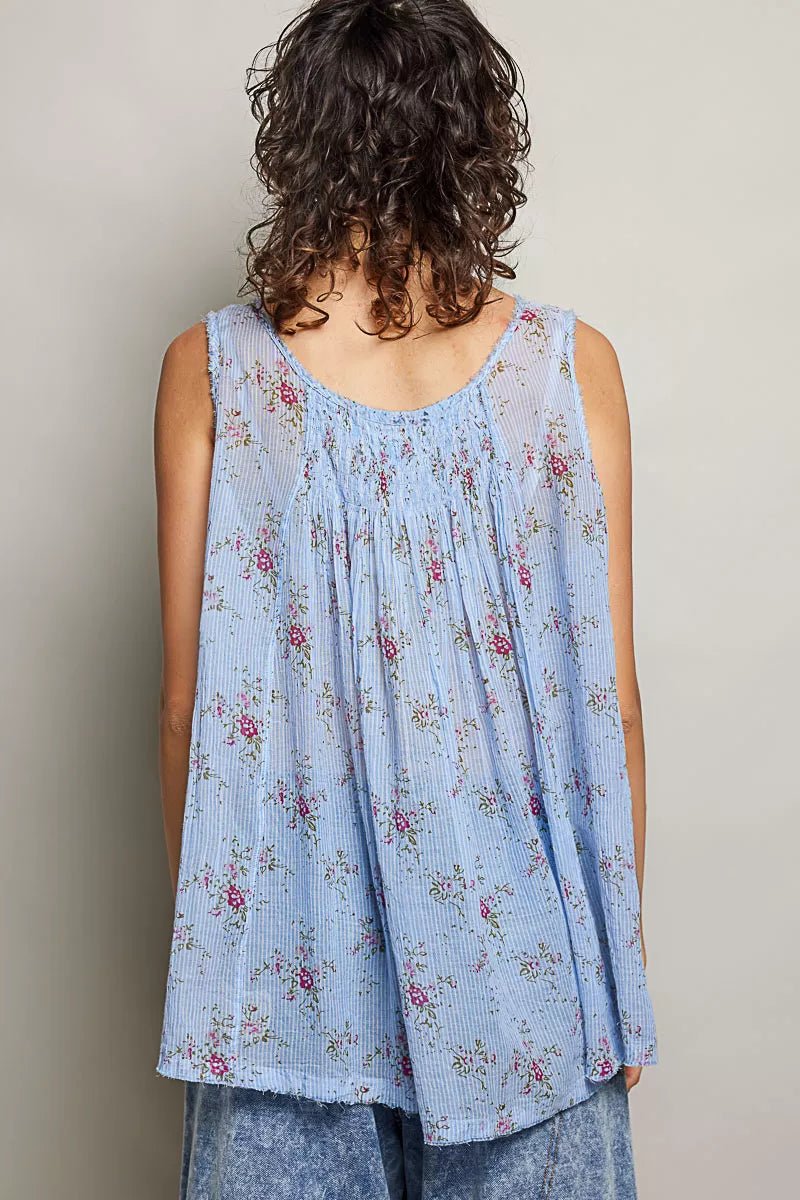 POL Round Neck Sleeveless Floral Pleated Cotton Top - Rooted & Reckless Co.