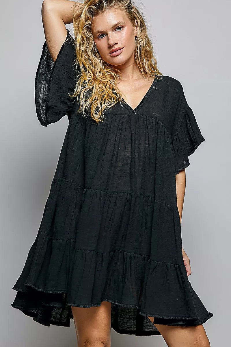 POL Ruffle Shirred V-Neck Short Sleeve Cotton Dress - Rooted & Reckless Co.