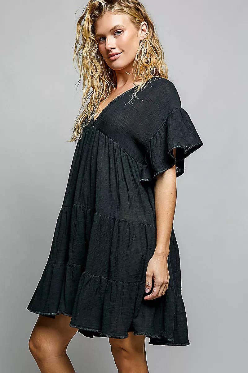 POL Ruffle Shirred V-Neck Short Sleeve Cotton Dress - Rooted & Reckless Co.