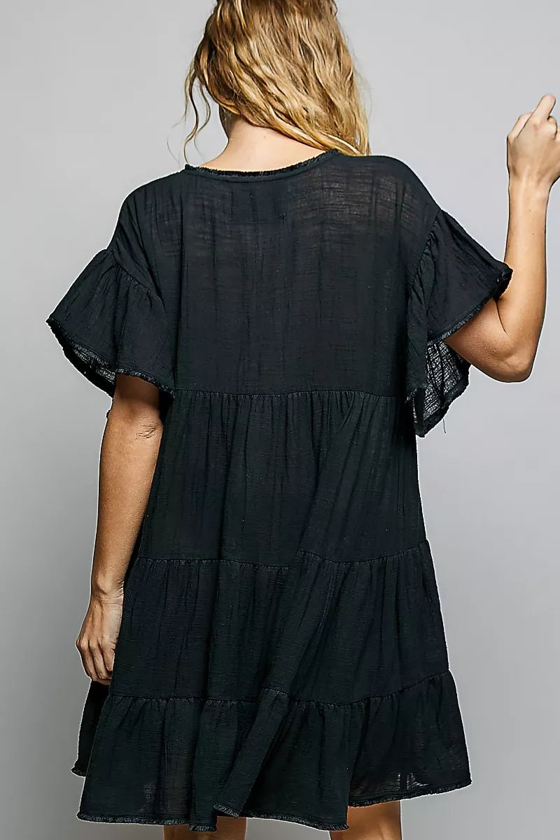POL Ruffle Shirred V-Neck Short Sleeve Cotton Dress - Rooted & Reckless Co.