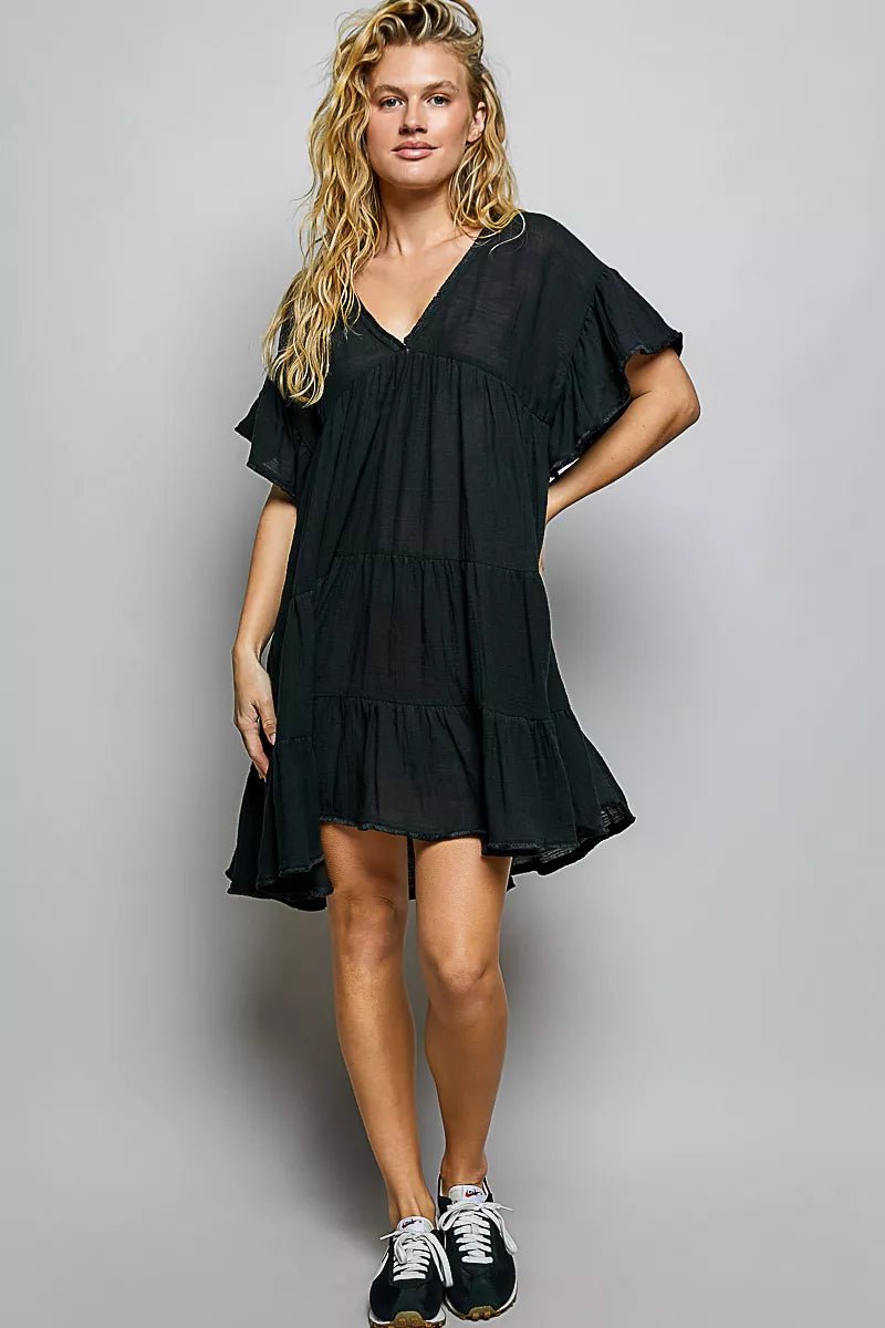 POL Ruffle Shirred V-Neck Short Sleeve Cotton Dress - Rooted & Reckless Co.