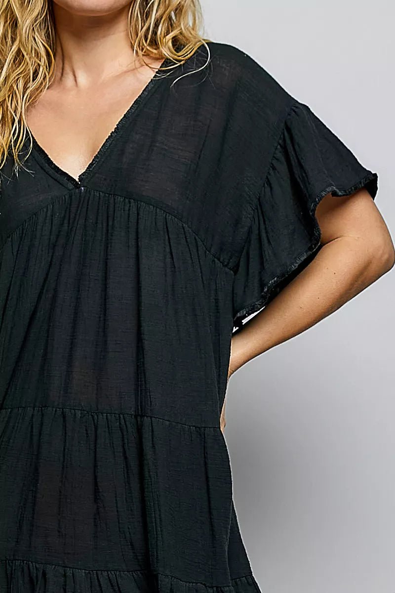 POL Ruffle Shirred V-Neck Short Sleeve Cotton Dress - Rooted & Reckless Co.