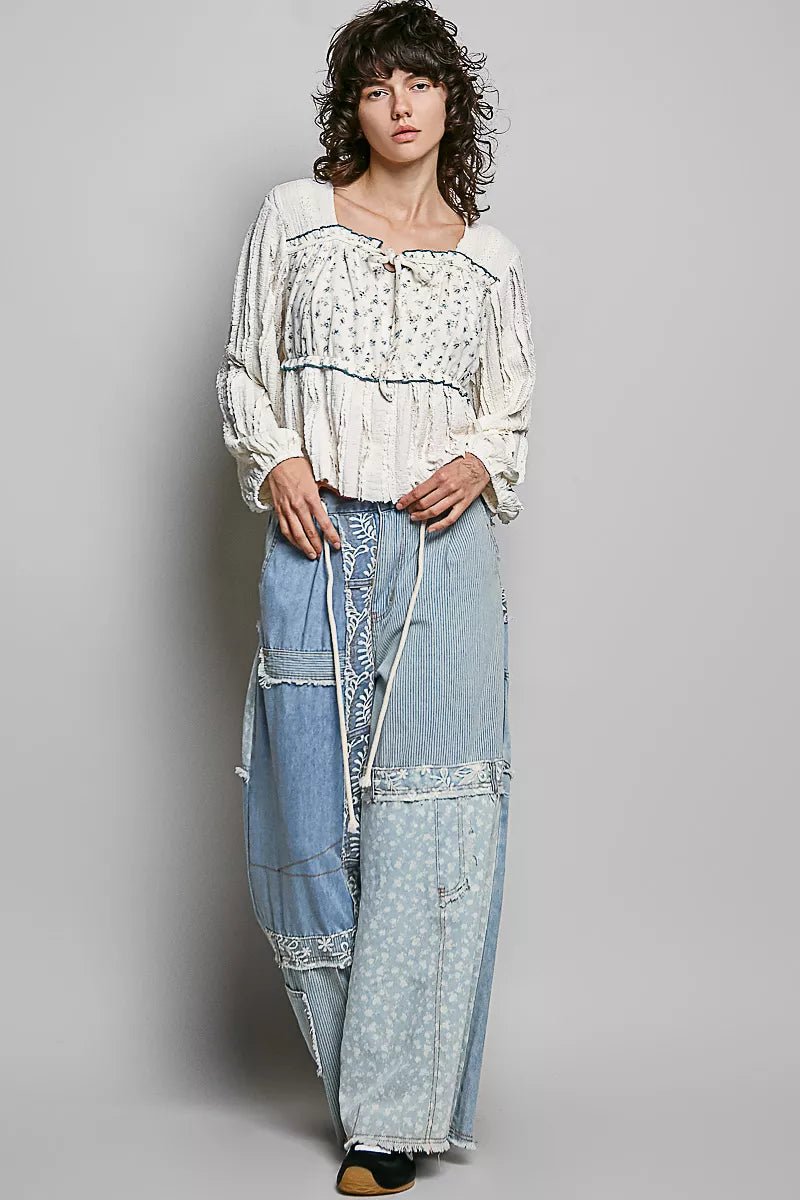 POL Square Neck Lace Long Balloon Sleeve Top - Rooted & Reckless Co.