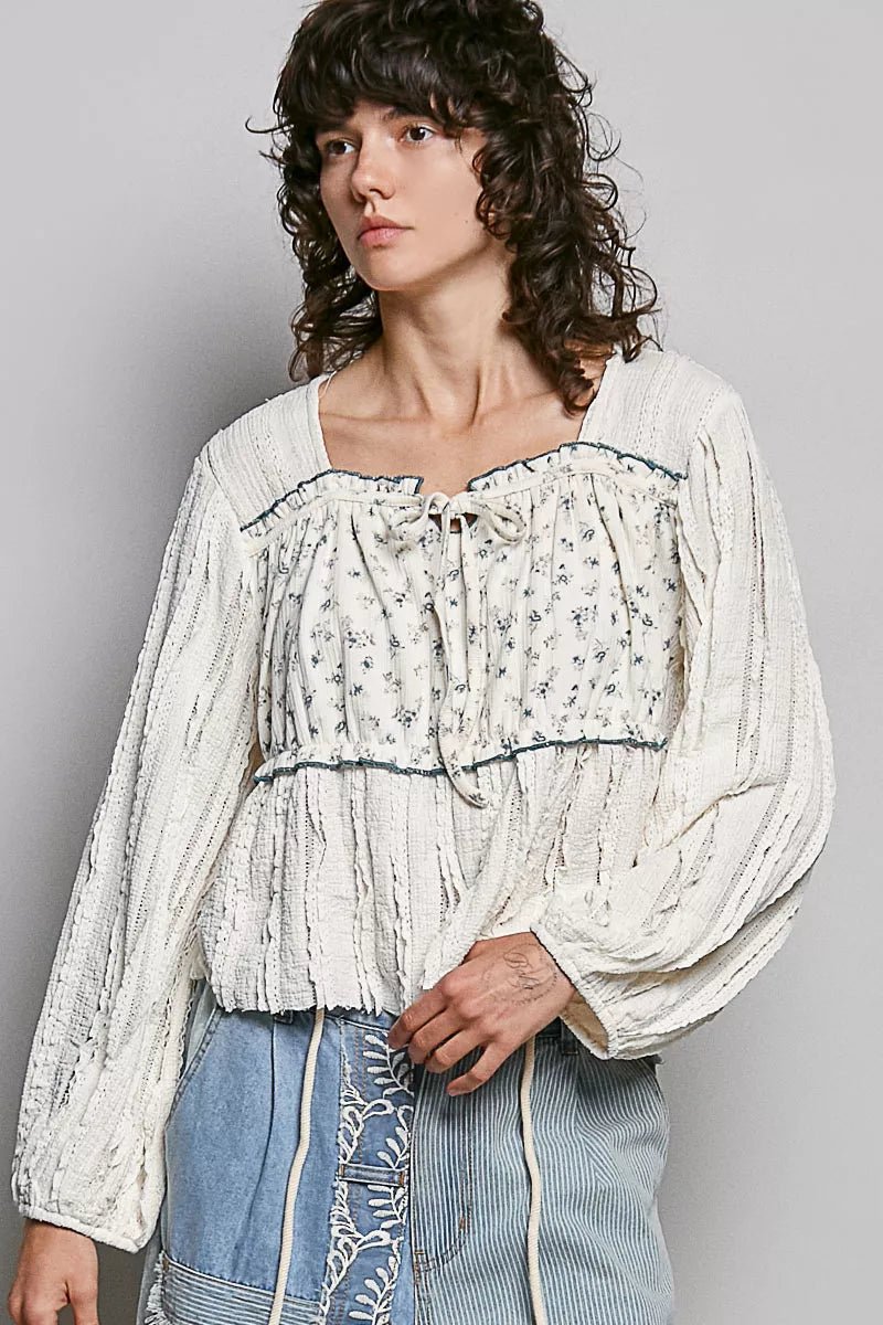 POL Square Neck Lace Long Balloon Sleeve Top - Rooted & Reckless Co.