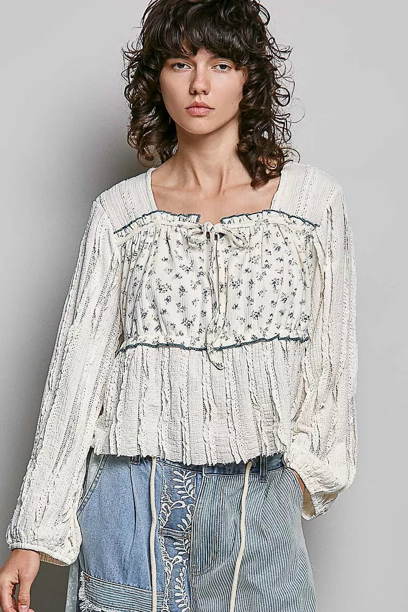 POL Square Neck Lace Long Balloon Sleeve Top - Rooted & Reckless Co.