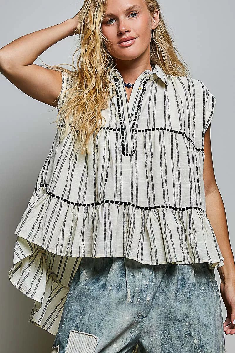 POL Striped Ruffle Collared Sleeveless Cotton Top - Rooted & Reckless Co.