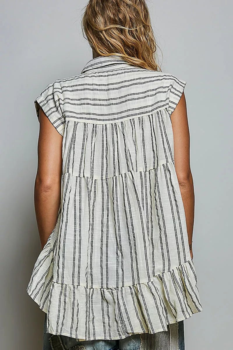 POL Striped Ruffle Collared Sleeveless Cotton Top - Rooted & Reckless Co.