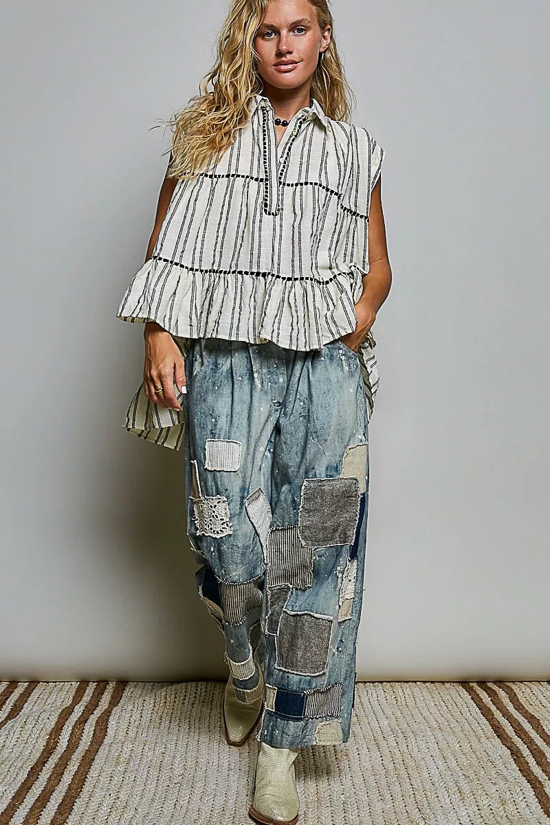 POL Striped Ruffle Collared Sleeveless Cotton Top - Rooted & Reckless Co.
