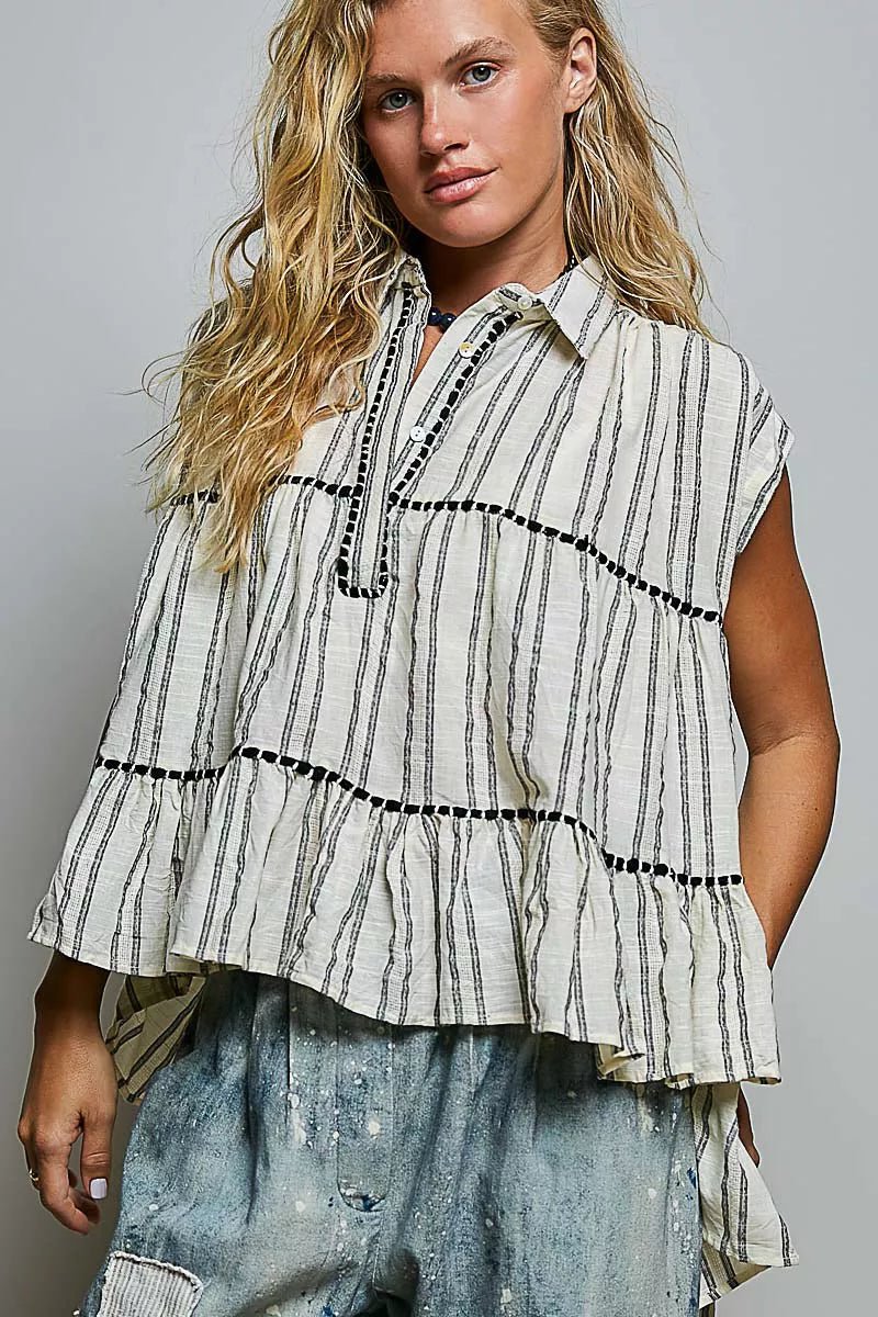 POL Striped Ruffle Collared Sleeveless Cotton Top - Rooted & Reckless Co.