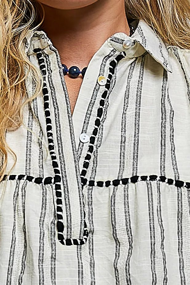 POL Striped Ruffle Collared Sleeveless Cotton Top - Rooted & Reckless Co.