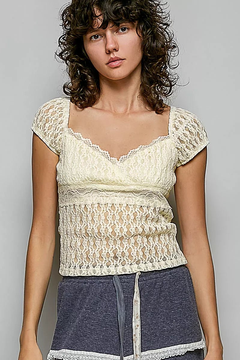POL Sweetheart Neck Lace Short Sleeve Top - Rooted & Reckless Co.