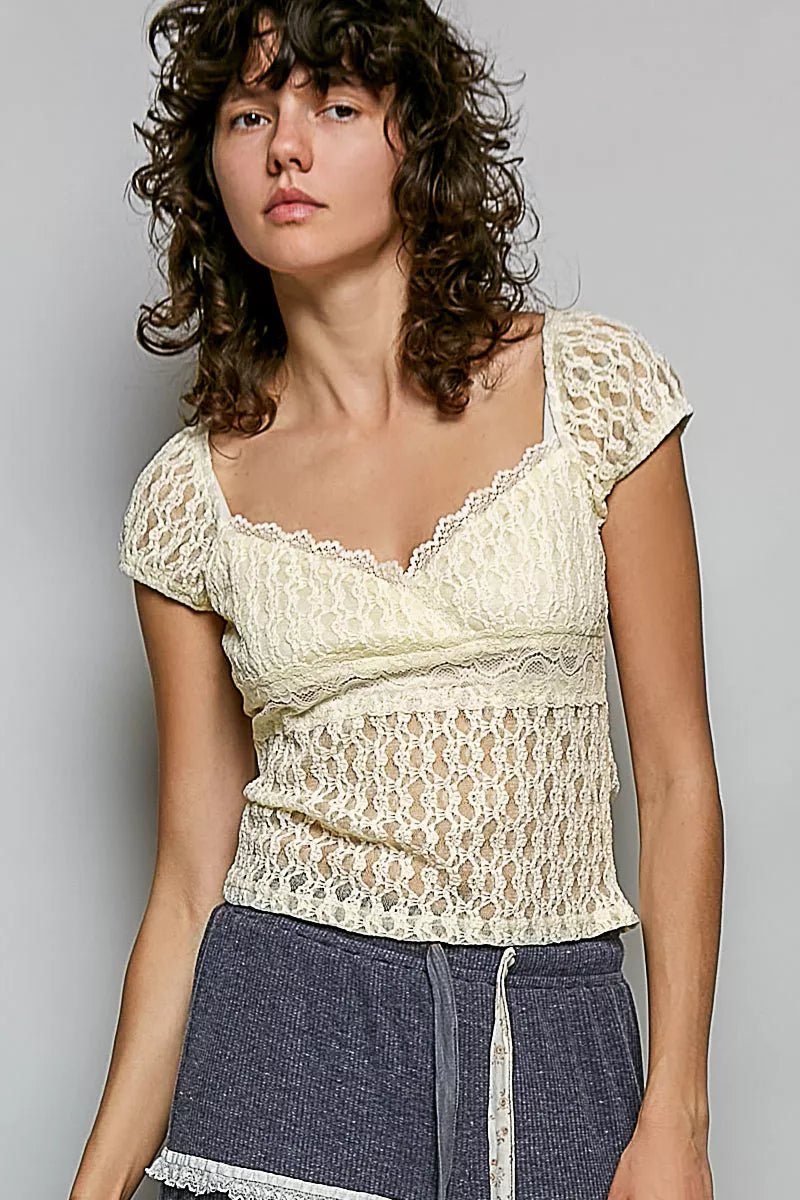 POL Sweetheart Neck Lace Short Sleeve Top - Rooted & Reckless Co.