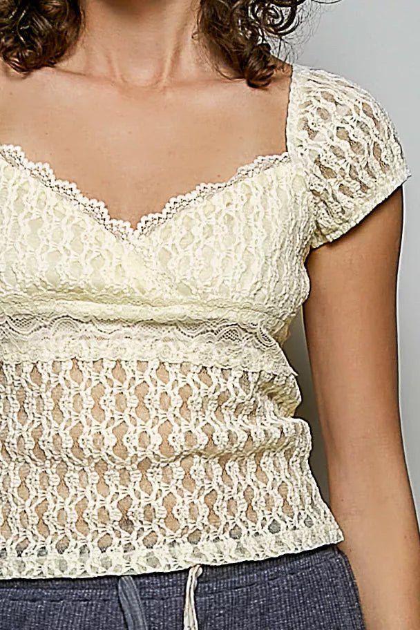 POL Sweetheart Neck Lace Short Sleeve Top - Rooted & Reckless Co.
