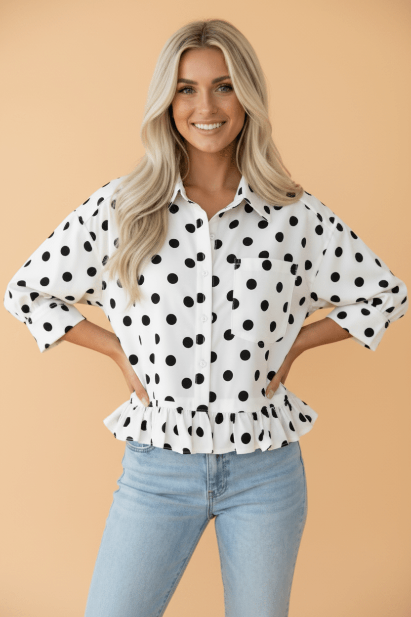 Polka Dot 3/4 Sleeve Ruffle Peplum Hem Shirt - Rooted & Reckless Co.