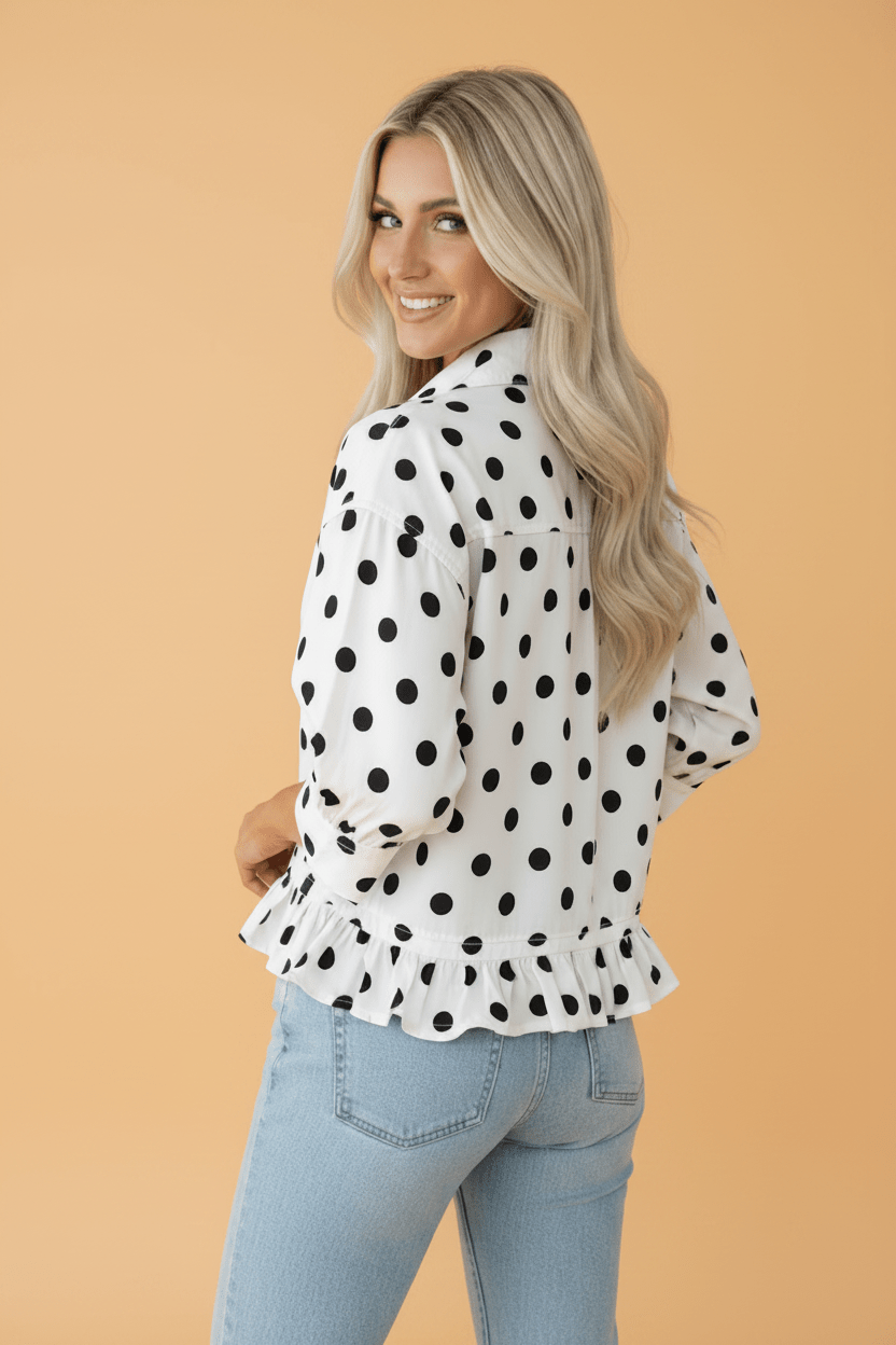 Polka Dot 3/4 Sleeve Ruffle Peplum Hem Shirt - Rooted & Reckless Co.