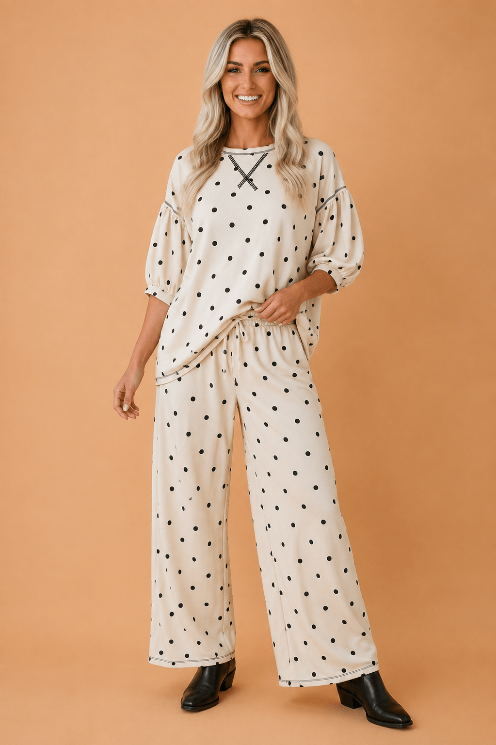 Polka Dot 3/4 Sleeve Top & Elastic Waist Pants Set - Rooted & Reckless Co.