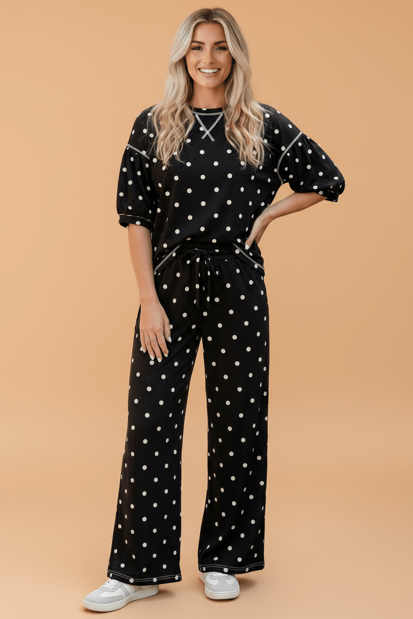 Polka Dot 3/4 Sleeve Top & Elastic Waist Pants Set - Rooted & Reckless Co.