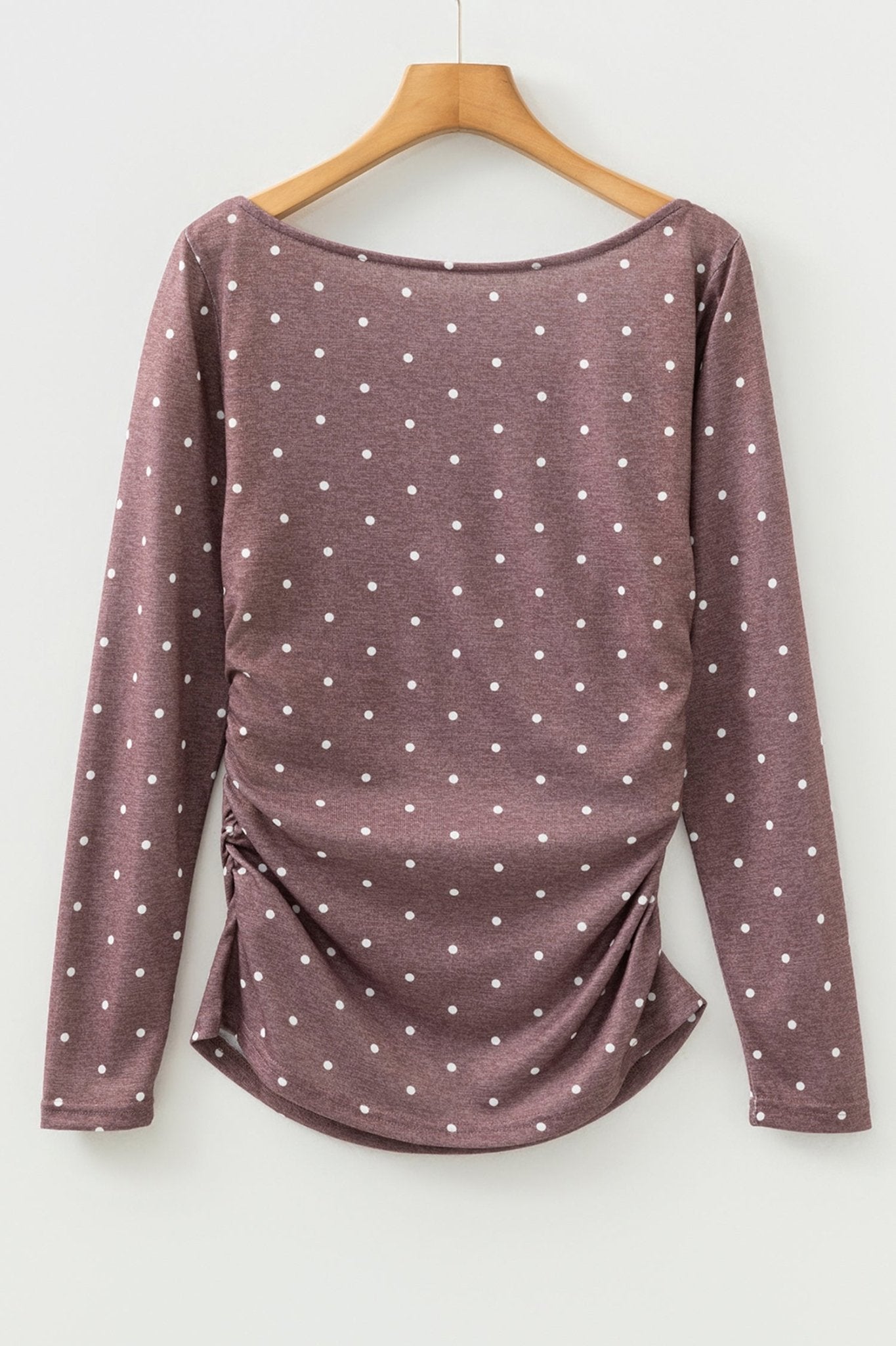 Polka Dot Boat Neck Long Sleeve Ruched T-Shirt - Rooted & Reckless Co.