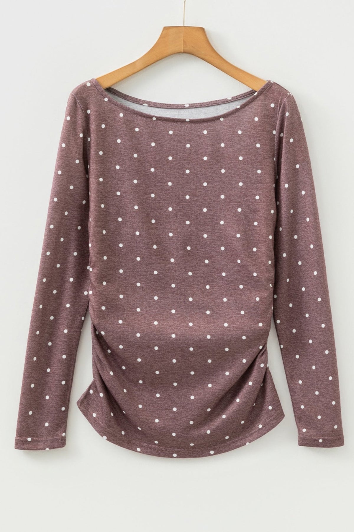 Polka Dot Boat Neck Long Sleeve Ruched T-Shirt - Rooted & Reckless Co.