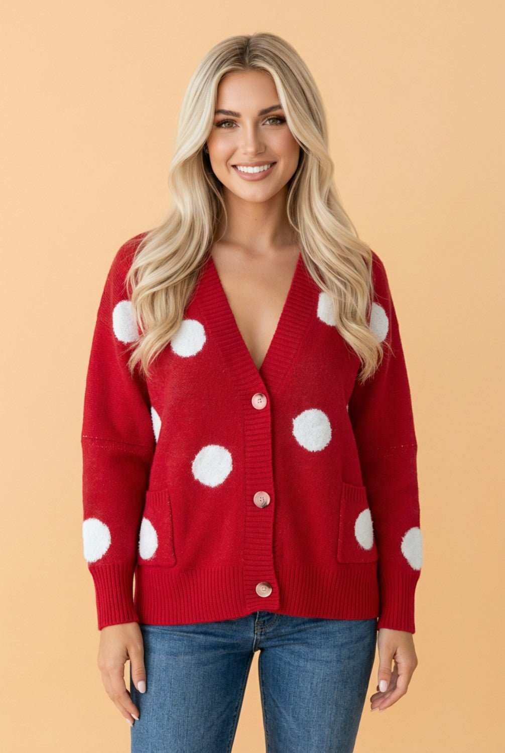 Polka Dot Button Front Oversized V-Neck Cardigan - Rooted & Reckless Co.