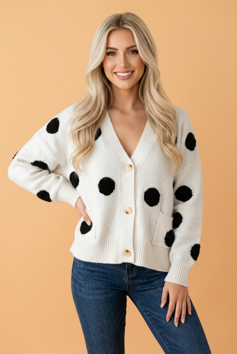 Polka Dot Button Front Oversized V-Neck Cardigan - Rooted & Reckless Co.