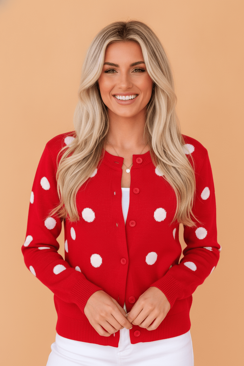 Polka Dot Button Front Sweater Knit Cardigan - Rooted & Reckless Co.