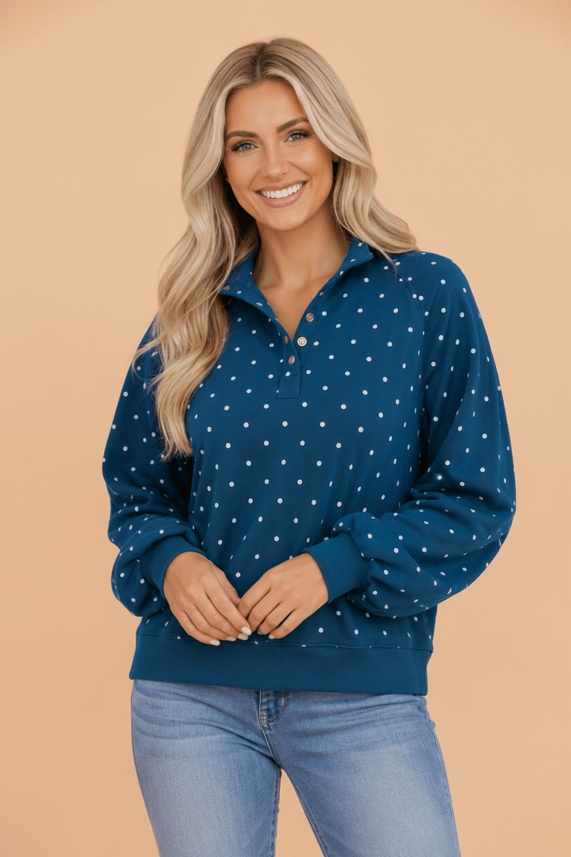 Polka Dot Buttoned Collar Long Sleeve Sweatshirt - Rooted & Reckless Co.