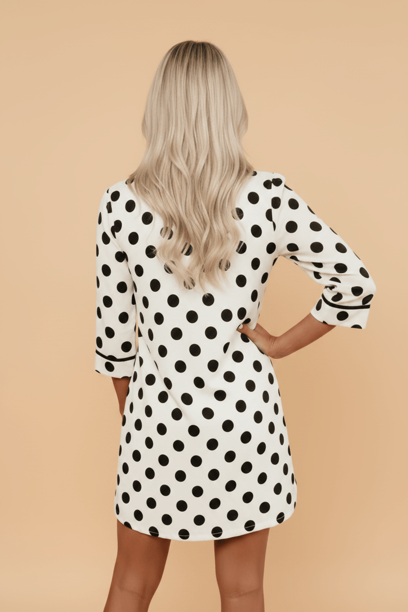 Polka Dot Collar V-Neck 3/4 Sleeve Pockets Mini Dress - Rooted & Reckless Co.