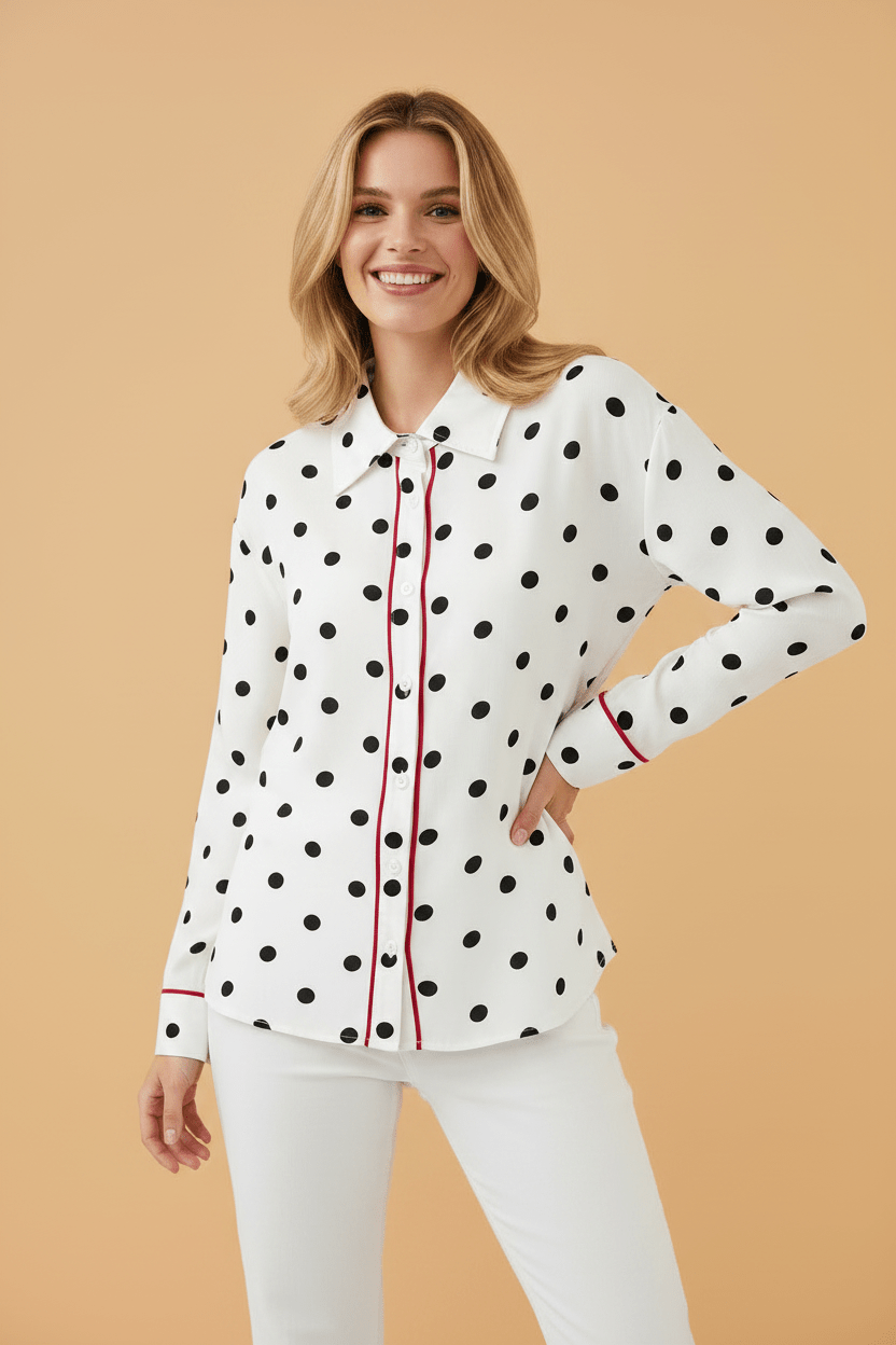 Polka Dot Collared Long Sleeve Buttoned Shirt - Rooted & Reckless Co.