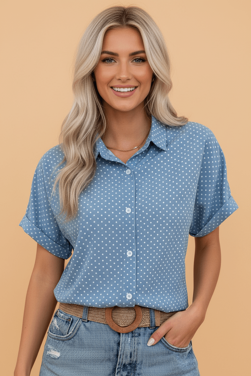 Polka Dot Cuffed Short Sleeve Buttoned Shirt - Rooted & Reckless Co.