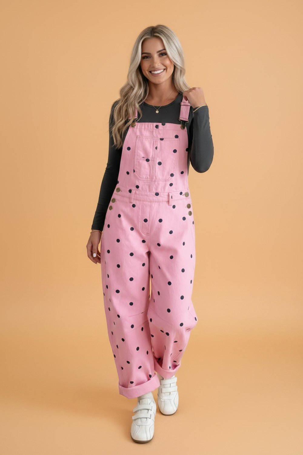 Polka Dot Denim Barrel Leg Overalls Jumpsuit - Rooted & Reckless Co.