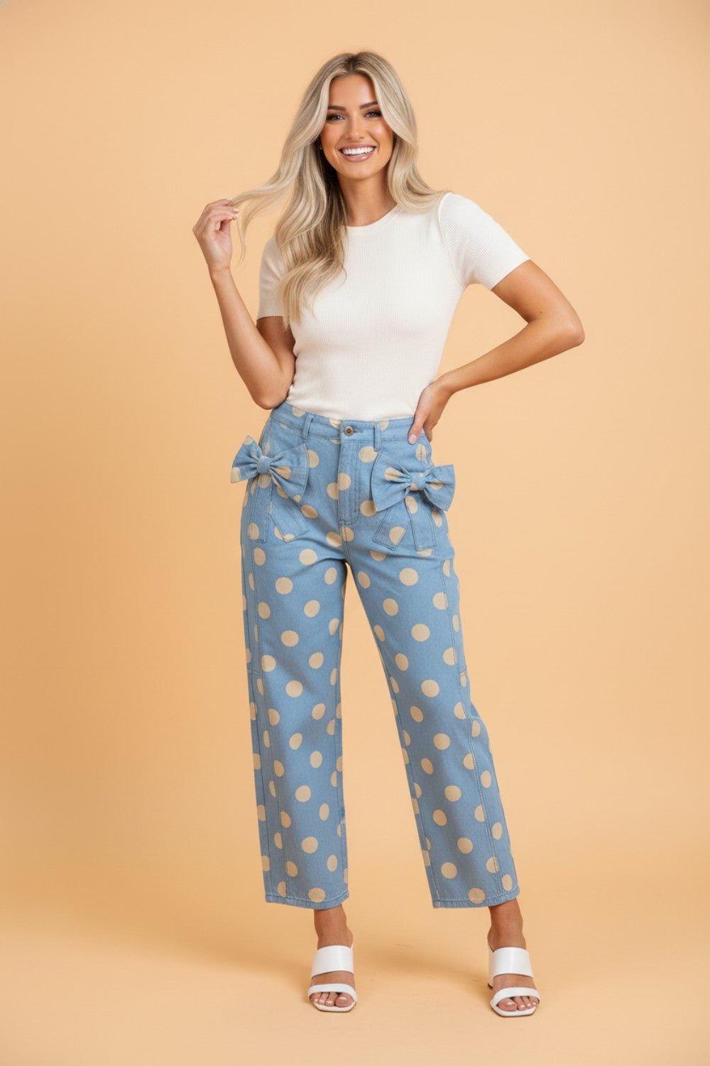 Polka Dot Denim Bow Pocket Barrel Leg Jeans - Rooted & Reckless Co.