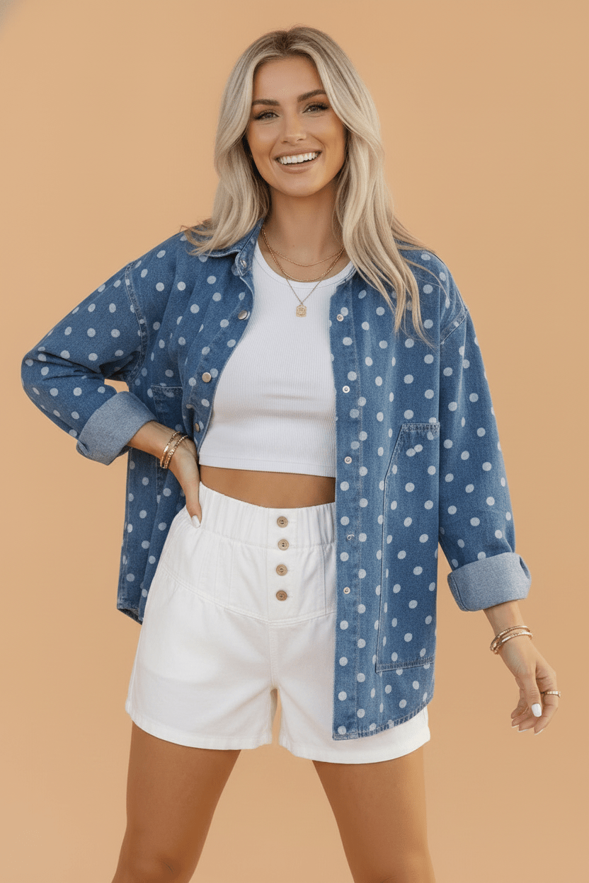 Polka Dot Denim Collared Button Up Jacket - Rooted & Reckless Co.