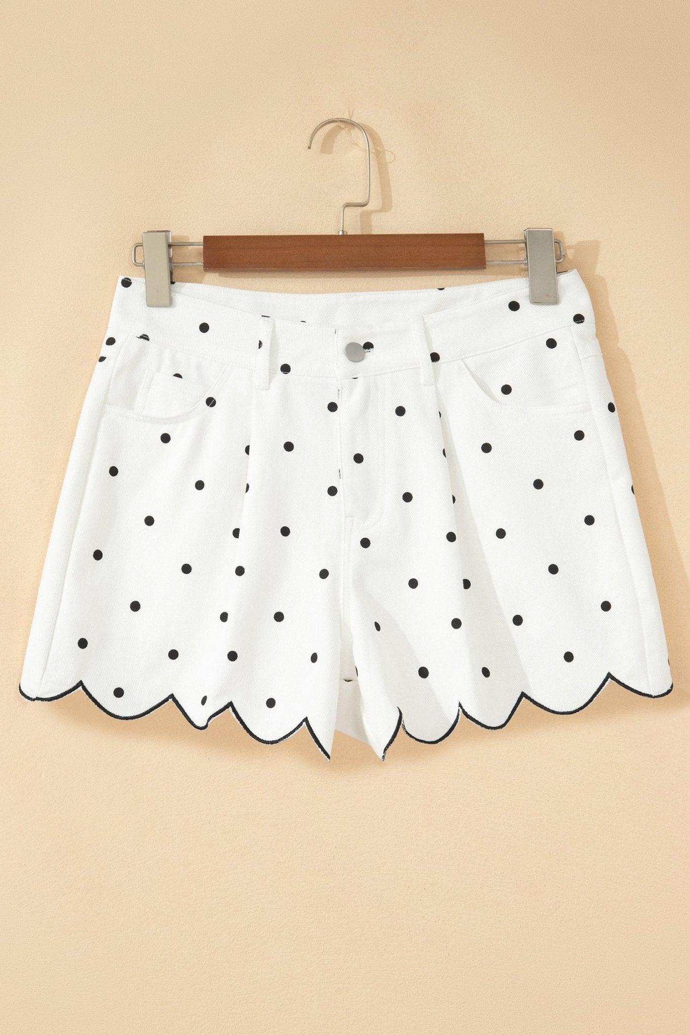 Polka Dot Denim Embroidered Scallop Hem Shorts - Rooted & Reckless Co.