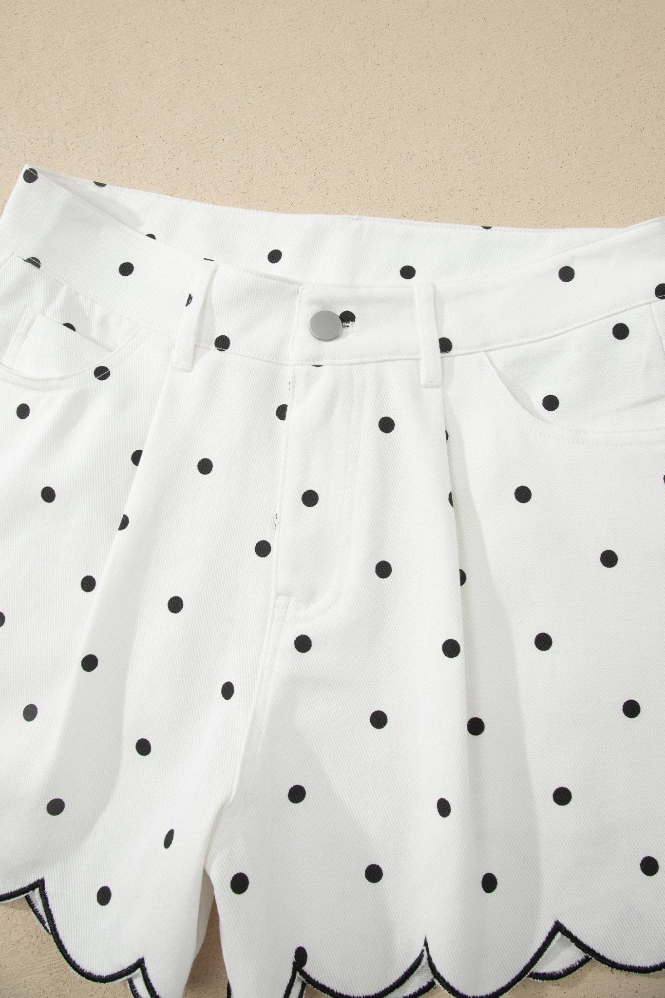 Polka Dot Denim Embroidered Scallop Hem Shorts - Rooted & Reckless Co.