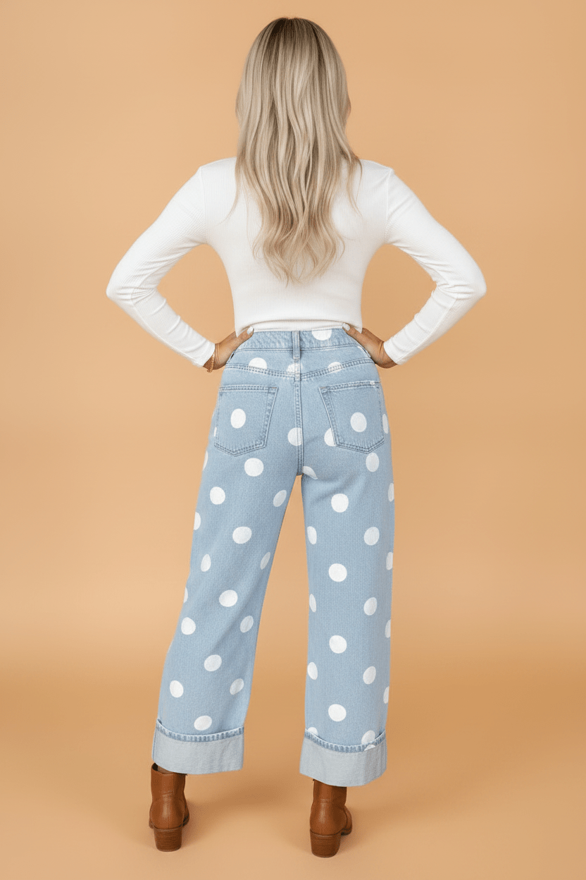 Polka Dot Denim Folded Hem High Waist Jeans - Rooted & Reckless Co.