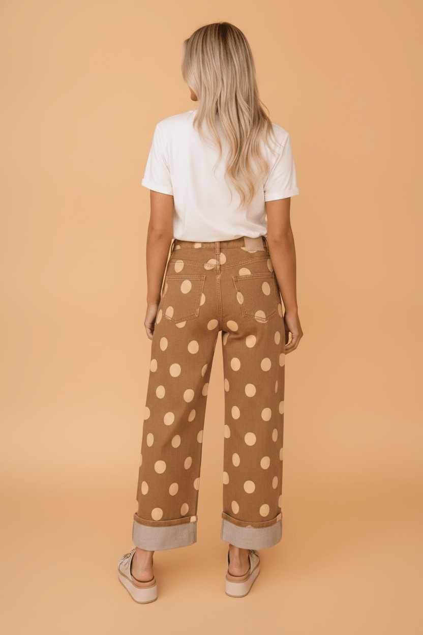 Polka Dot Denim Folded Hem High Waist Jeans - Rooted & Reckless Co.