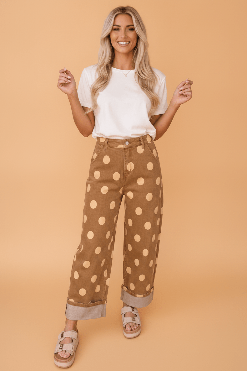 Polka Dot Denim Folded Hem High Waist Jeans - Rooted & Reckless Co.