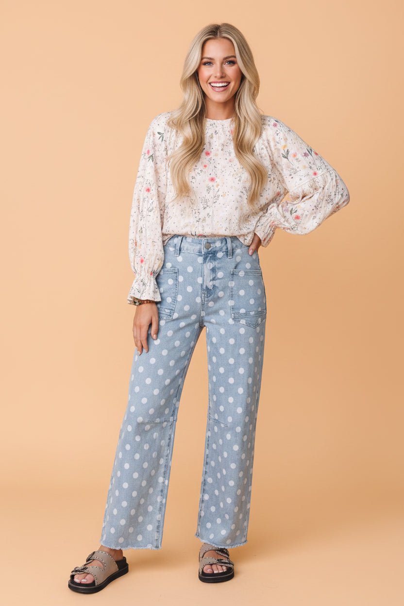 Polka Dot Denim Raw Hem Barrel Jeans - Rooted & Reckless Co.