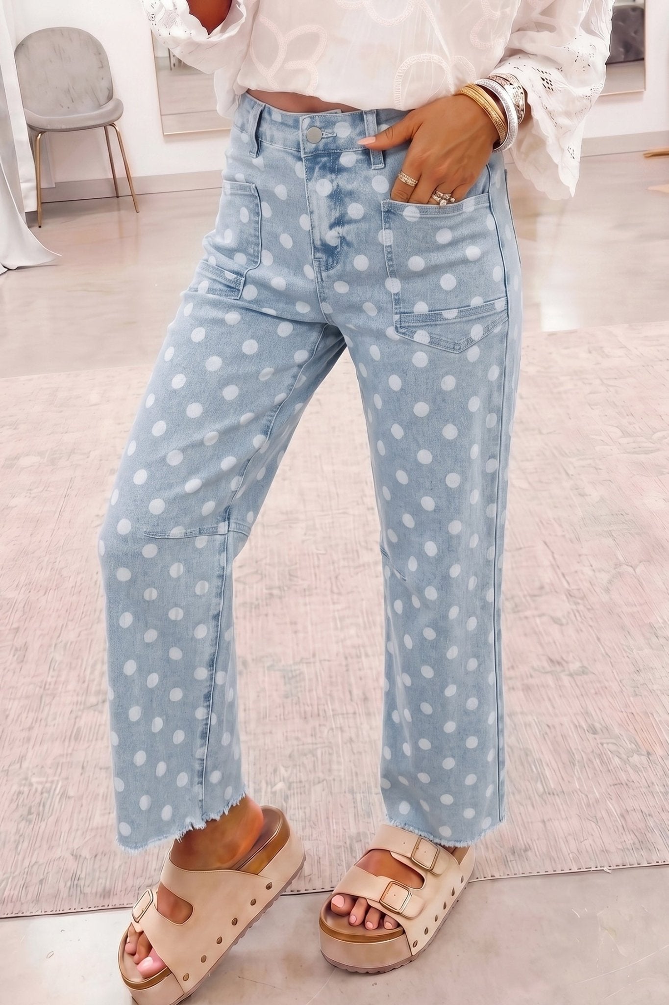 Polka Dot Denim Raw Hem Barrel Jeans - Rooted & Reckless Co.