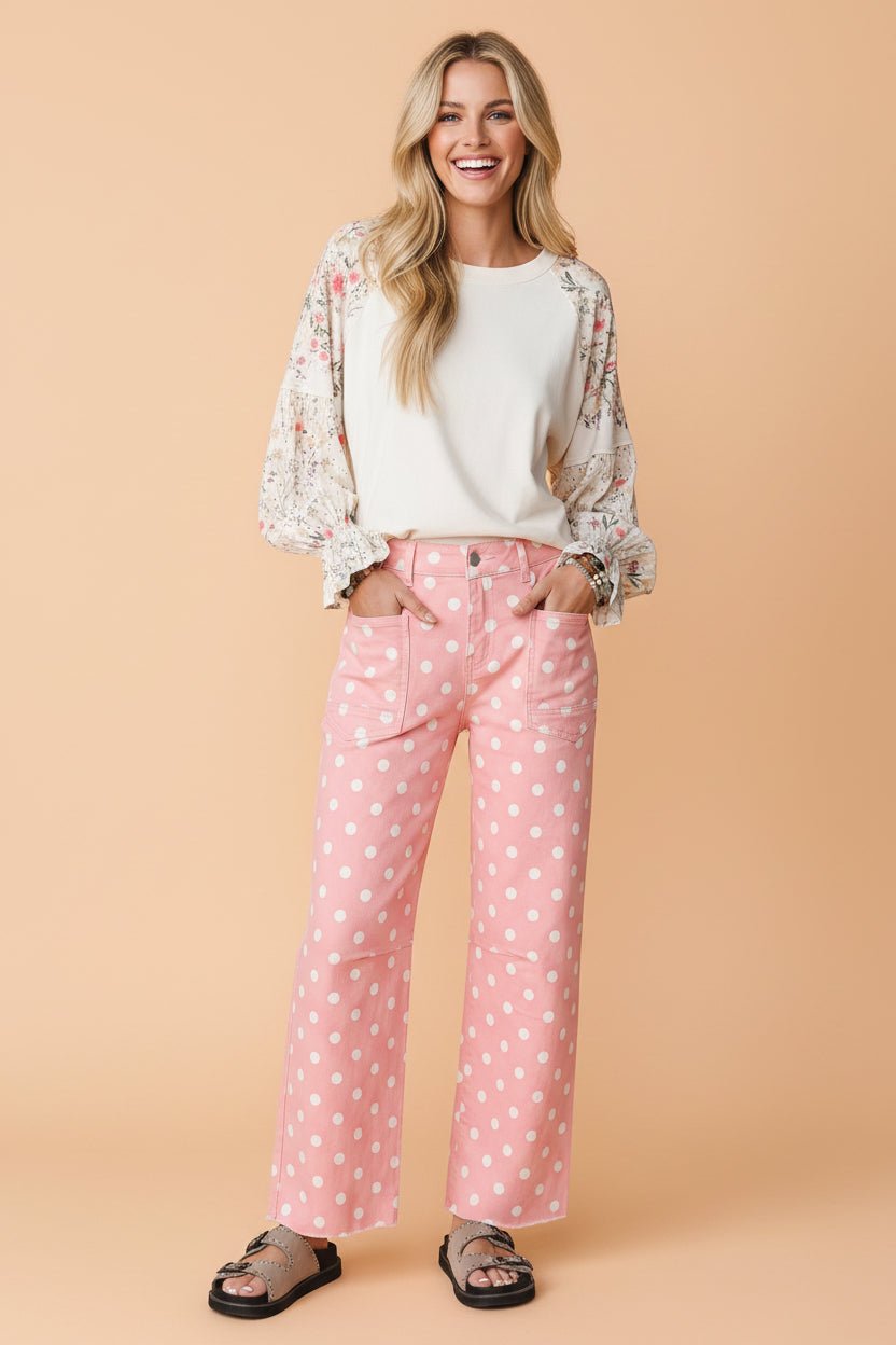 Polka Dot Denim Raw Hem Barrel Jeans - Rooted & Reckless Co.
