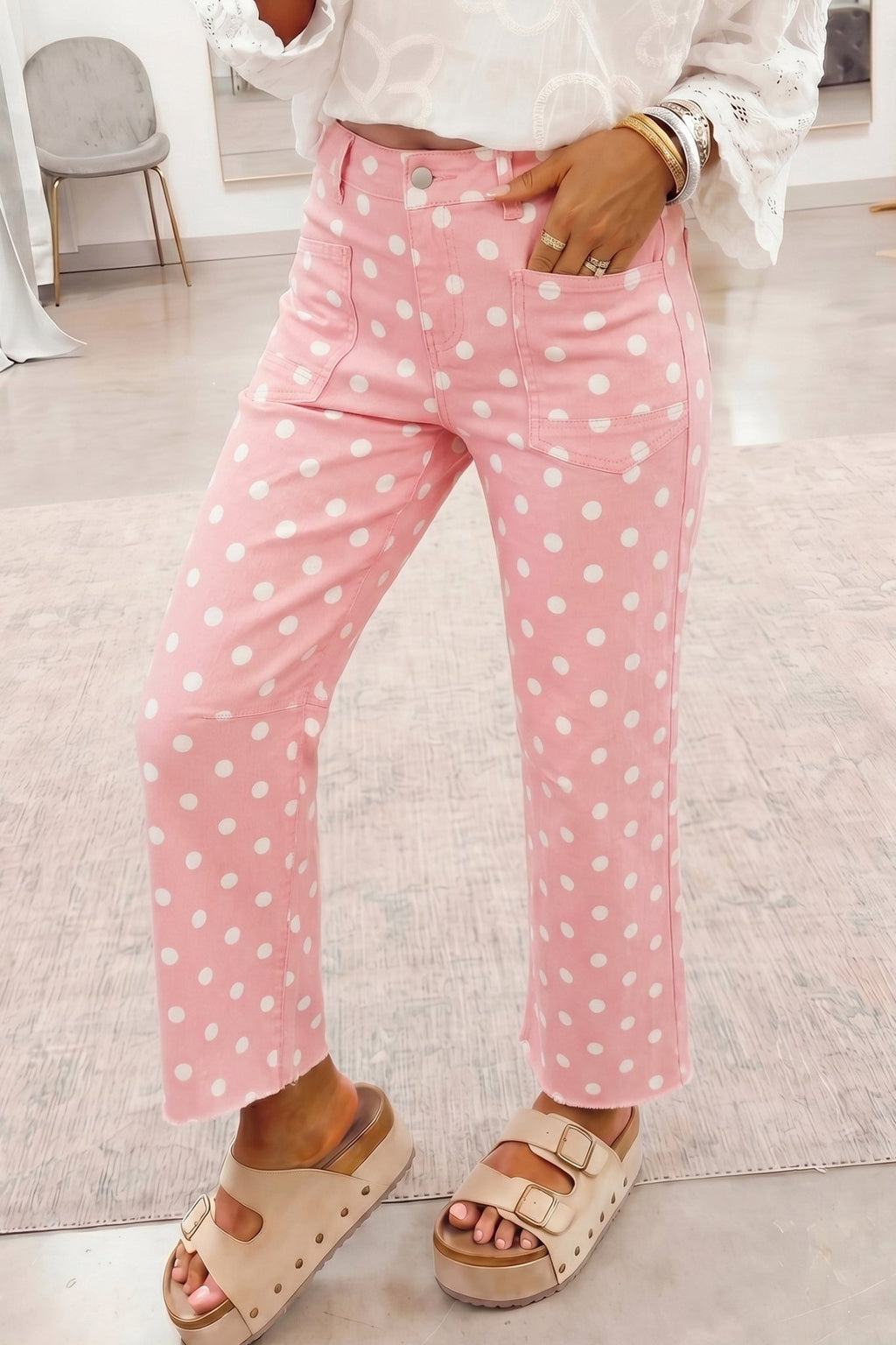 Polka Dot Denim Raw Hem Barrel Jeans - Rooted & Reckless Co.