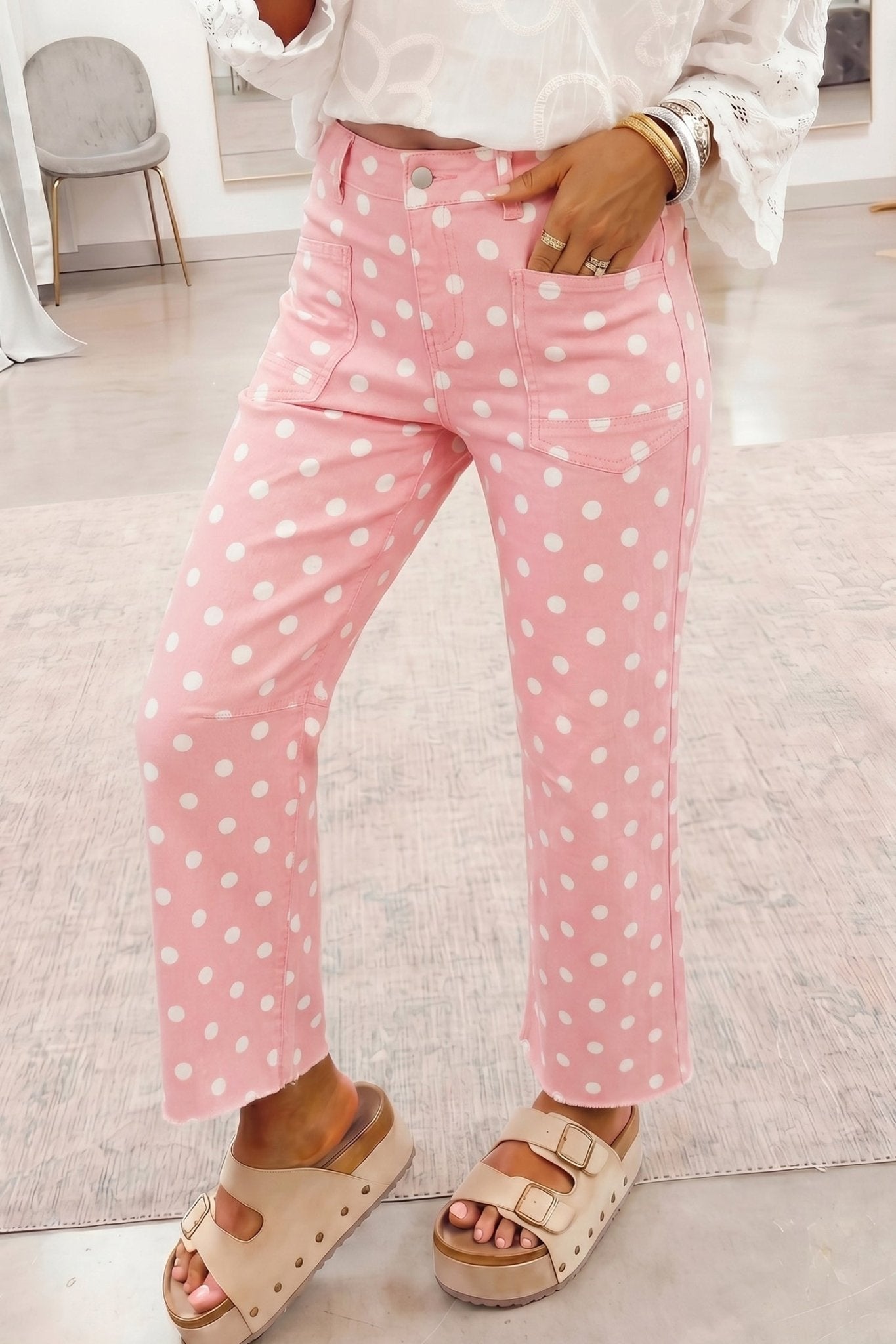 Polka Dot Denim Raw Hem Barrel Jeans - Rooted & Reckless Co.
